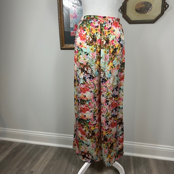 Lavender Brown Retro Bright Floral Satin Pants w/ Elastic Waist - SIZE M - Picture 4 of 6